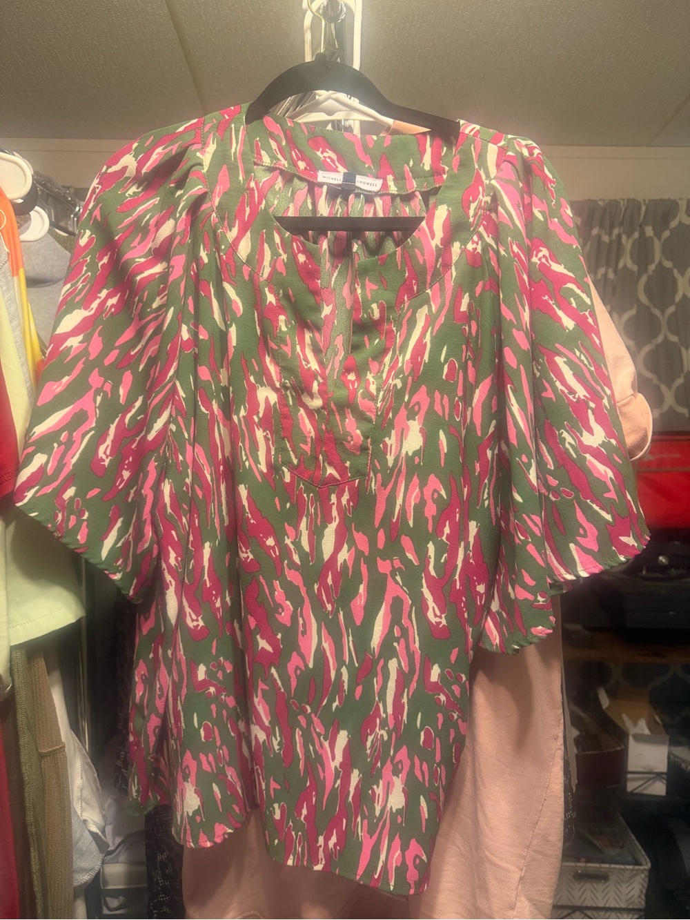 Woven Flutter Sleeve Blouse - Olive Green & Pink